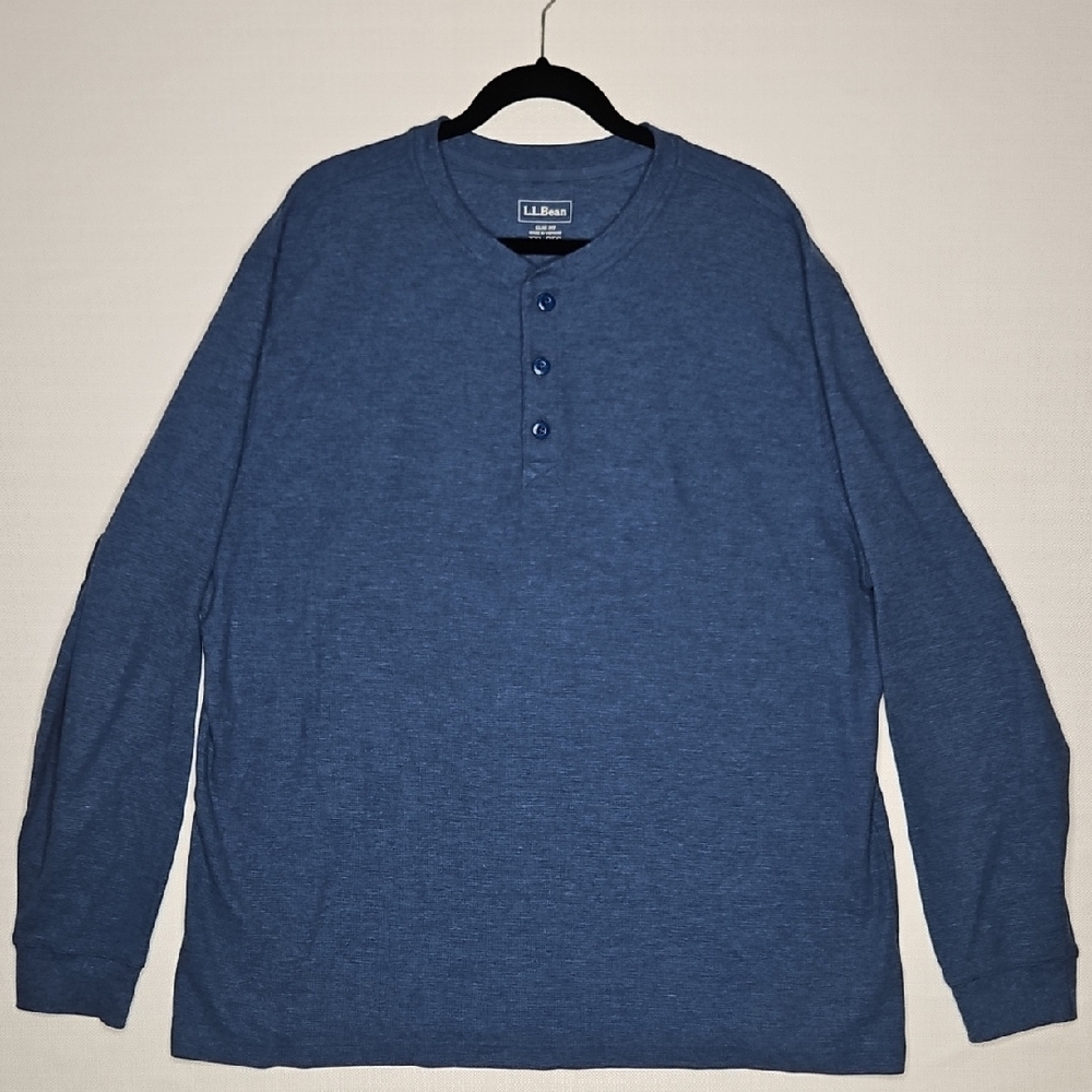 L.L. Bean Men's Blue 100% Cotton Waffle Knit Long Sleeve Henley XXL REG SLIM FIT